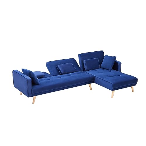 Goohome 104.50" L Shape Sectional Sofa, Mid-Century Velvet Upholstered Convertible Sleeper Sofá Bed W/Chaise Lounge, Removable Armrests,Split Back Folding Futon Couches for Living Room, F-Blue a