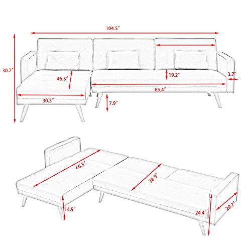 Goohome 104.50" L Shape Sectional Sofa, Mid-Century Velvet Upholstered Convertible Sleeper Sofá Bed W/Chaise Lounge, Removable Armrests,Split Back Folding Futon Couches for Living Room, F-Blue a