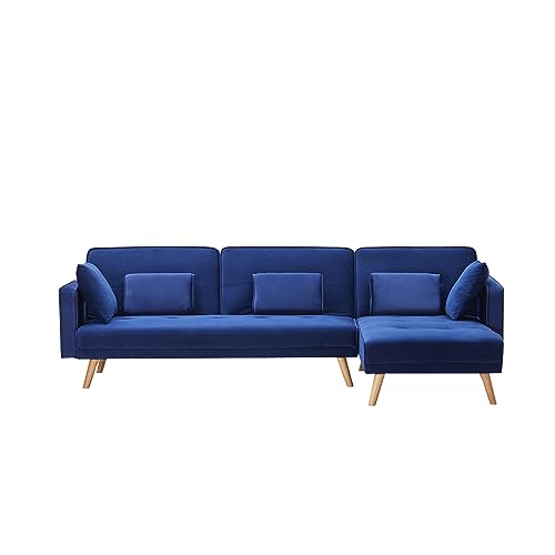 Goohome 104.50" L Shape Sectional Sofa, Mid-Century Velvet Upholstered Convertible Sleeper Sofá Bed W/Chaise Lounge, Removable Armrests,Split Back Folding Futon Couches for Living Room, F-Blue a