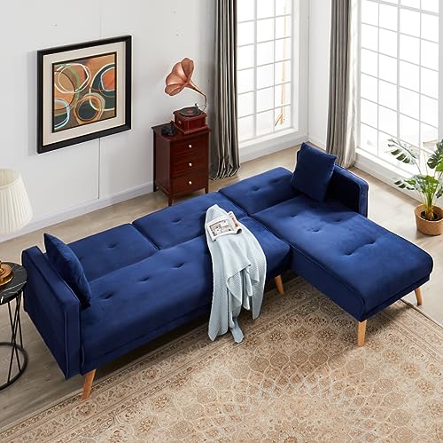 Goohome 104.50" L Shape Sectional Sofa, Mid-Century Velvet Upholstered Convertible Sleeper Sofá Bed W/Chaise Lounge, Removable Armrests,Split Back Folding Futon Couches for Living Room, F-Blue a