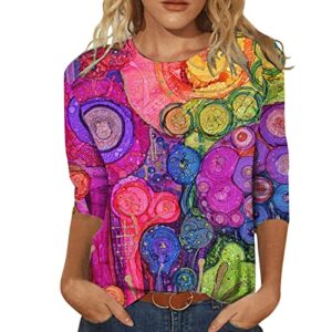 women's 3/4 length sleeves tops fashion art painting graphic tshirts fall dressy tee shirt loose fit trendy blouse hot pink