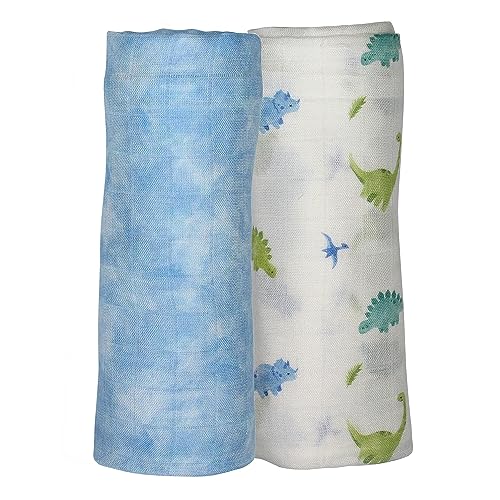 Bamboo Viscose Muslin Baby Swaddle Receiving Blanket (2-Pack), Dinosaur, 43"x43"