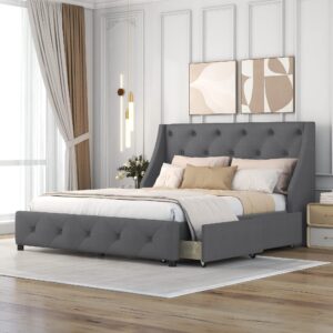 merax modern queen upholstered platform bed frame with 4 storage drawers/no box spring needed/easy assembly, gray