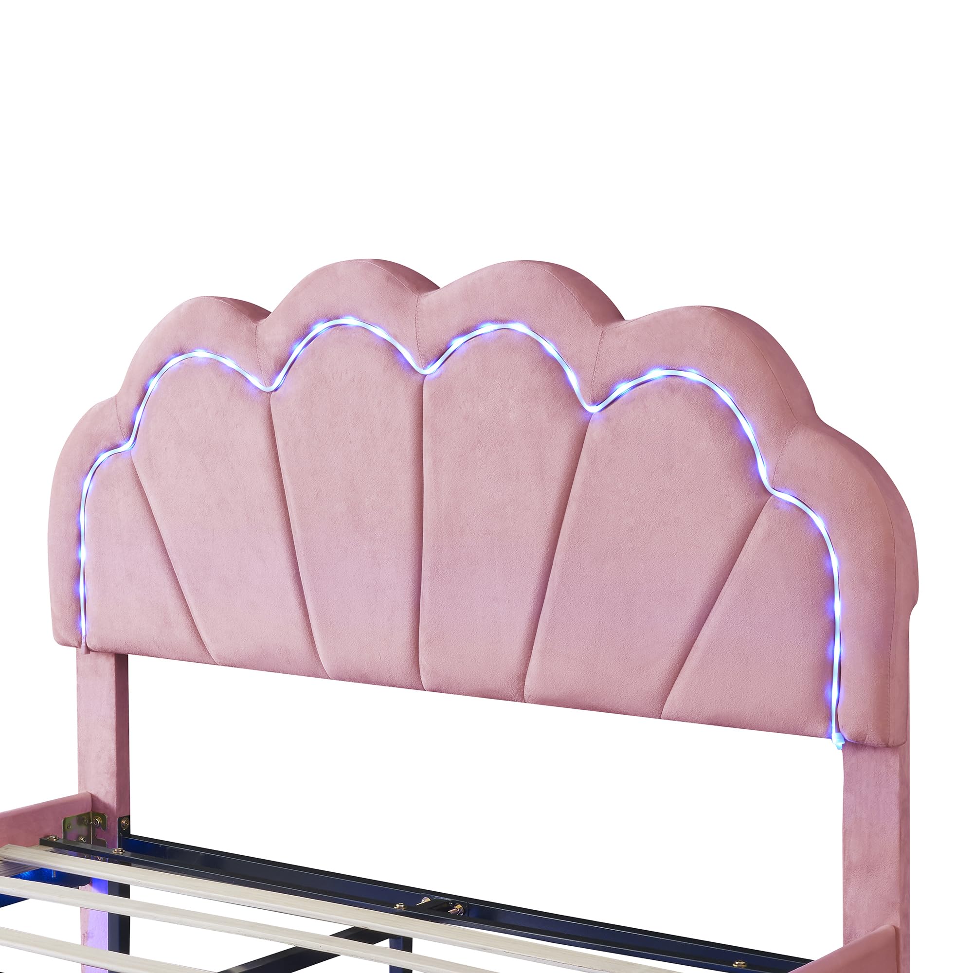 Merax Luxury Full Bed Frame, Upholstered Platform Bed with Velvet Headboard and Led Light/Mattress Foundation/Easy Assembly, Pink