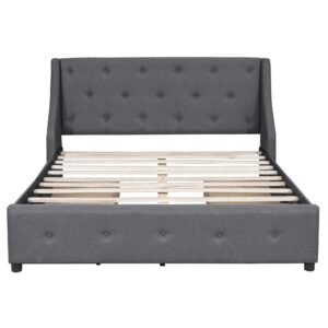 Merax Modern Queen Upholstered Platform Bed Frame with 4 Storage Drawers/No Box Spring Needed/Easy Assembly, Gray