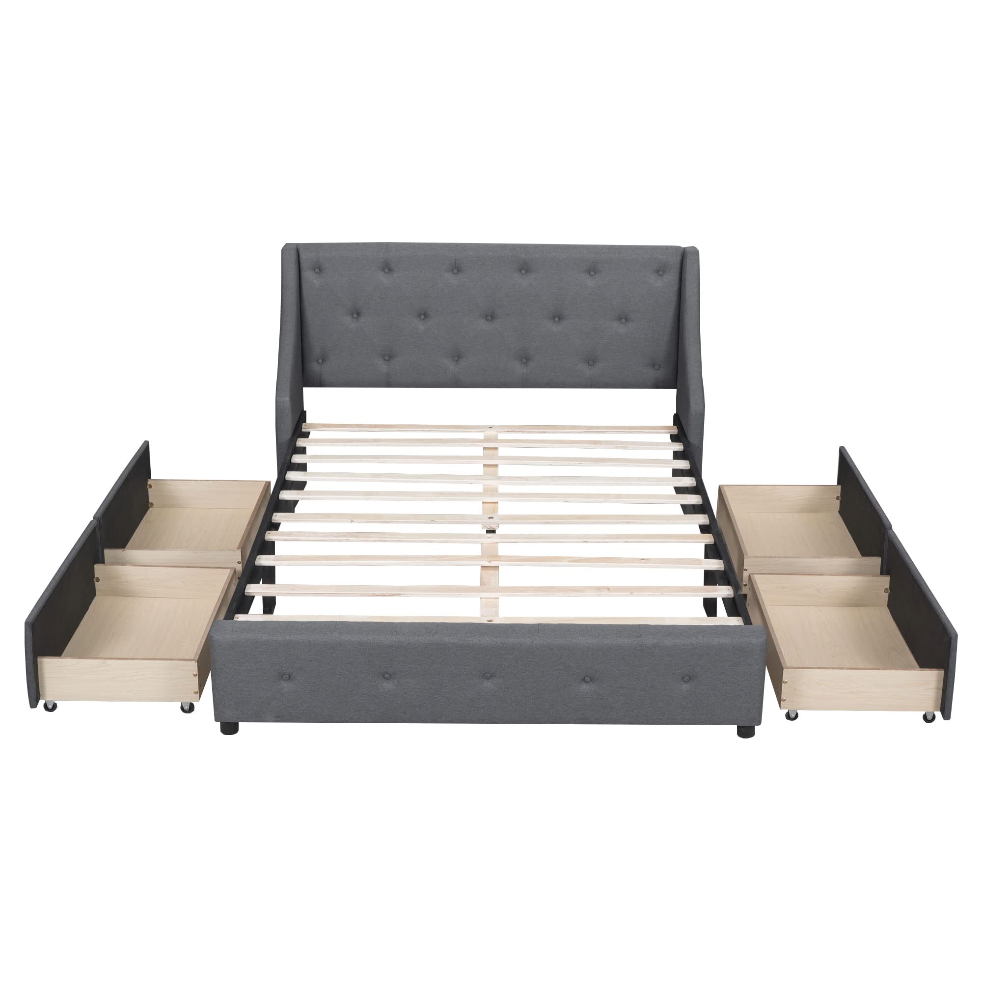 Merax Modern Queen Upholstered Platform Bed Frame with 4 Storage Drawers/No Box Spring Needed/Easy Assembly, Gray