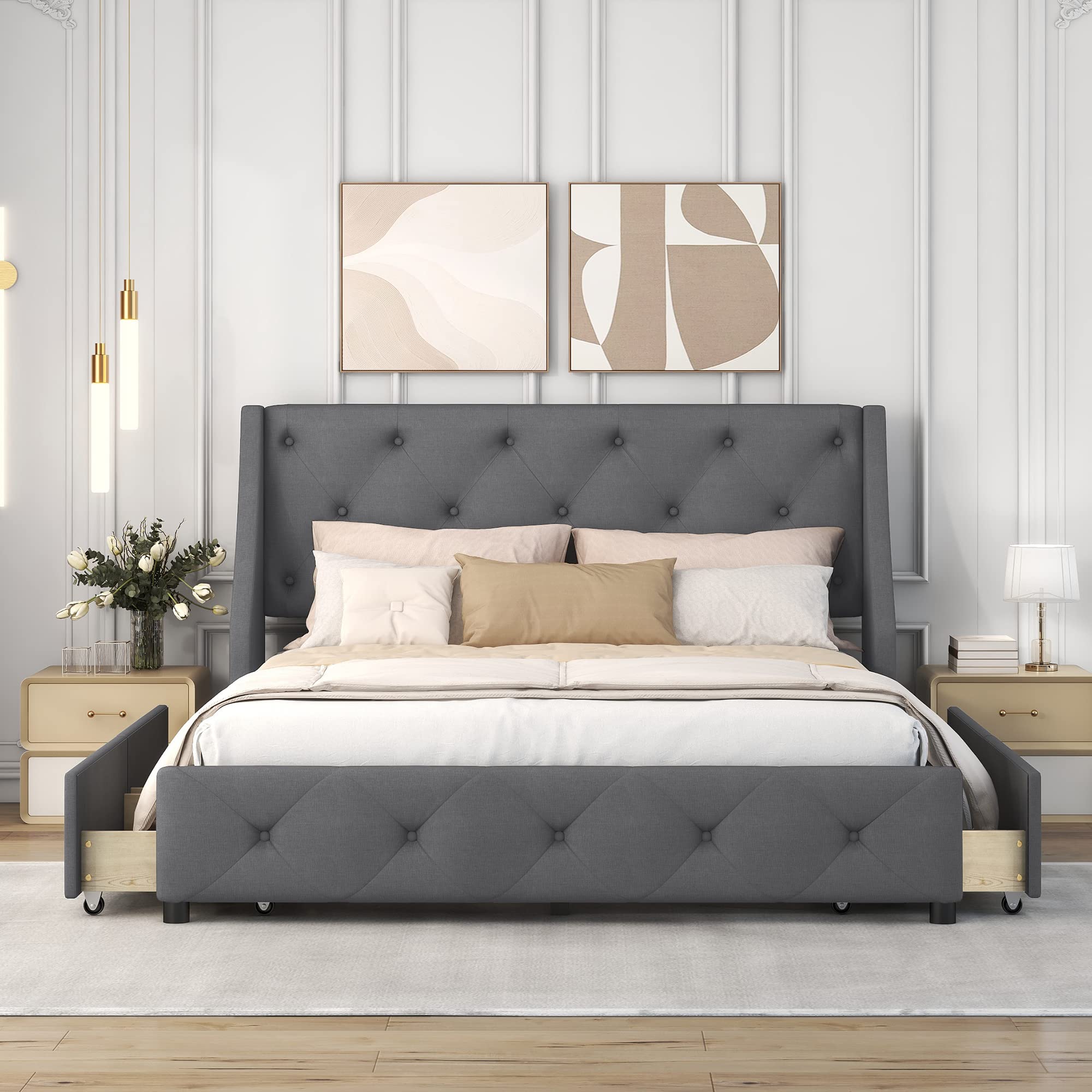 Merax Modern Queen Upholstered Platform Bed Frame with 4 Storage Drawers/No Box Spring Needed/Easy Assembly, Gray