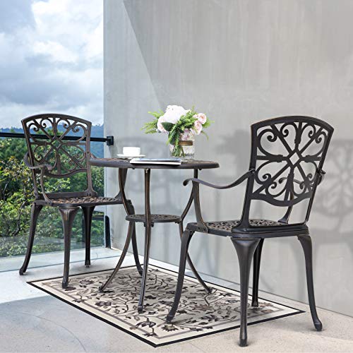 Nuu Garden 3 Piece Bistro Table Set Cast Aluminum Outdoor Furniture Weather Resistant Patio Table and Chairs with Umbrella Hole for Yard, Balcony, Porch, Black with Gold-Painted Edge