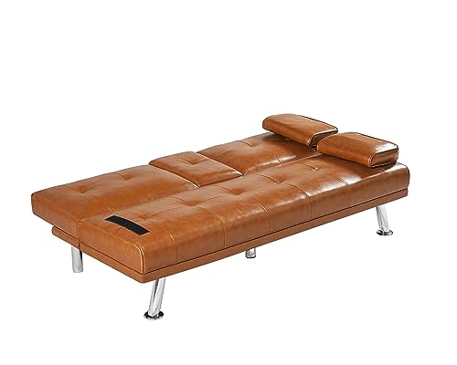 Convertible Folding Futon Sofa Bed with Metal Legs & 2 Cupholders, Modern Fabric Leather Upholstered Couch Loveseat Sleeper, Folding Couches Bed, Removable Armrests for for Small Spaces (Brown+New)