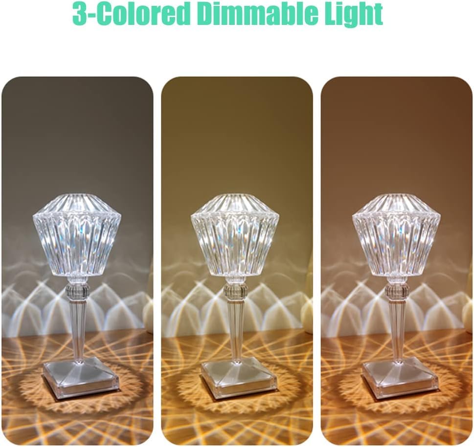 Marspeeder Crystal Table Lamp with 3-Color Dimmable Light, Portable USB Rechargeable LED Crystal Diamond Small Table Lamp, Touch Lamp for Bedroom,Wedding,Bars,Living Room,Office