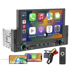 single din car stereo with 6.2 inch ips full hd touchscreen, apple carplay/android auto/phone mirror-link, fm radio with bluetooth 5.1 handsfree and 12led hd backup camera, audio/video player