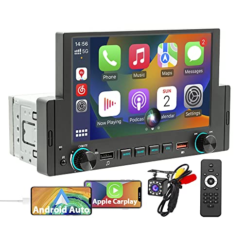 Single Din Car Stereo with 6.2 Inch IPS Full HD Touchscreen, Apple CarPlay/Android Auto/Phone Mirror-Link, FM Radio with Bluetooth 5.1 Handsfree and 12LED HD Backup Camera, Audio/Video Player