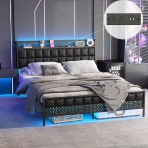 halitaa full size bed frame with headboard and led lights,upholstered bed frames with charging station,platform metal bed with storage shelves,no box spring needed,easy assembly