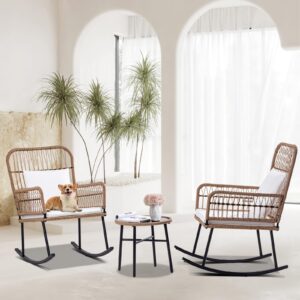 patio furniture set outdoor rocking chairs set boho balcony furniture all-weather beige wicker rattan chairs set for balcony porch with black templessed coffee table washable white cushions