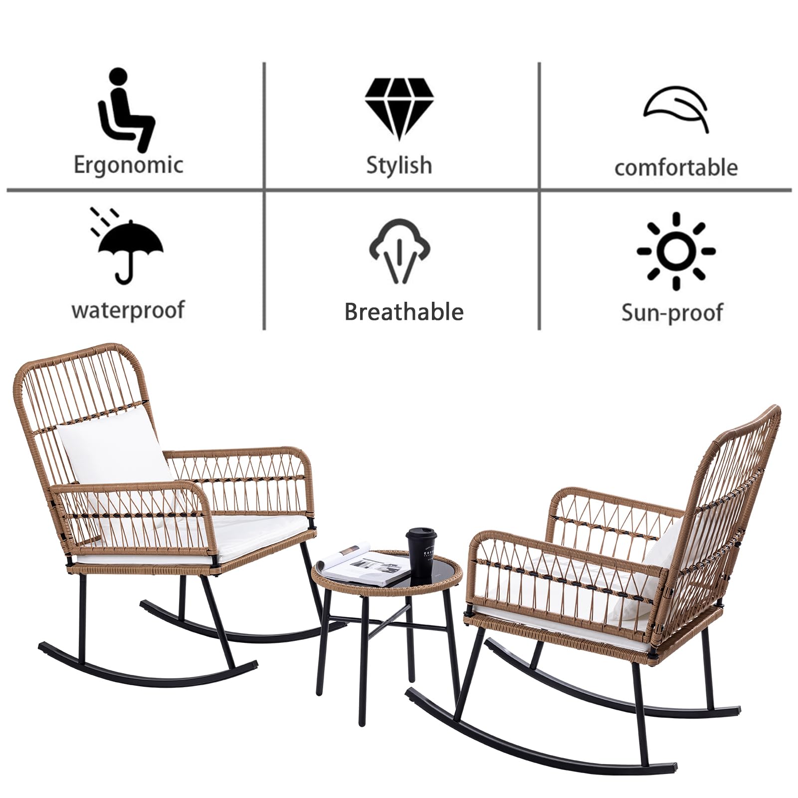 Patio Furniture Set Outdoor Rocking Chairs Set Boho Balcony Furniture All-Weather Beige Wicker Rattan Chairs Set for Balcony Porch with Black Templessed Coffee Table Washable White Cushions