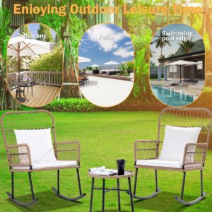 Patio Furniture Set Outdoor Rocking Chairs Set Boho Balcony Furniture All-Weather Beige Wicker Rattan Chairs Set for Balcony Porch with Black Templessed Coffee Table Washable White Cushions