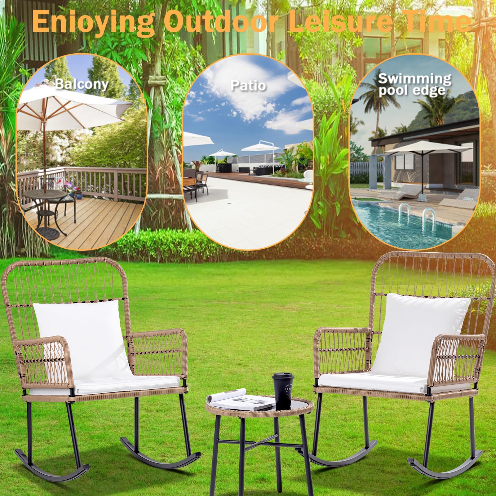 Patio Furniture Set Outdoor Rocking Chairs Set Boho Balcony Furniture All-Weather Beige Wicker Rattan Chairs Set for Balcony Porch with Black Templessed Coffee Table Washable White Cushions