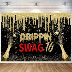 sensfun drippin swag 16 birthday backdrop boys black gold hip hop happy 16th birthday party decorations photography background teenager boy 16 years old birthday banner supplies 7x5ft