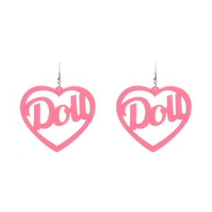 doll earrings. large pair of super cute doll earrings for cosplay, 1980’s and 90’s cosplay, and more. great pair of doll earrings for dress up, halloween costumes, and more. large heart shaped pink doll earrings for women, girls, teens and more.