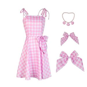 lyxaof 4pcs pink costume dress for girls 2023 movie doll cosplay set halloween kids costume with shell necklace for birthday