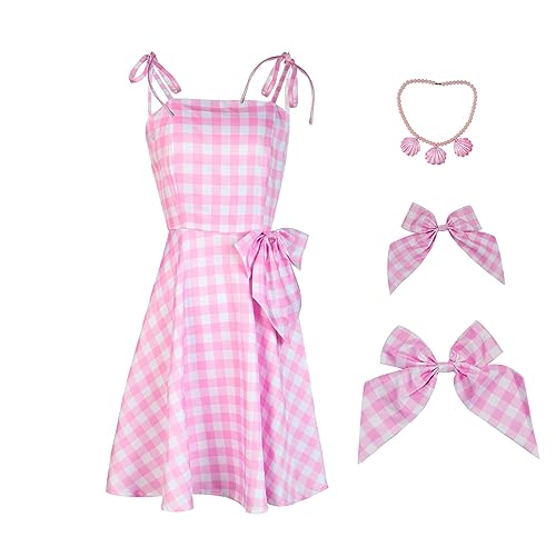 Lyxaof 4pcs Pink Costume Dress for Girls 2023 Movie Doll Cosplay Set Halloween Kids Costume with Shell Necklace for Birthday