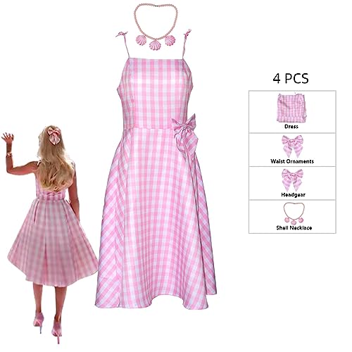 Lyxaof 4pcs Pink Costume Dress for Girls 2023 Movie Doll Cosplay Set Halloween Kids Costume with Shell Necklace for Birthday