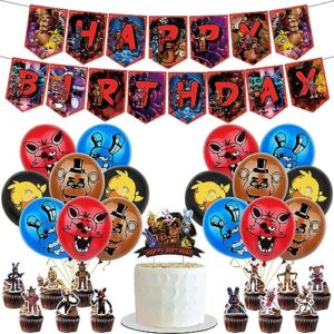 birthday party supplies for five nights at freddy's, party decorations for five nights at freddy's- big cake topper - 24 cupcake toppers - 16 balloons -banner