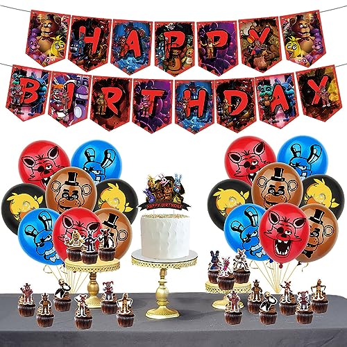 Birthday Party Supplies For Five Nights at Freddy's, Party Decorations For Five Nights at Freddy's- big Cake Topper - 24 Cupcake Toppers - 16 Balloons -Banner