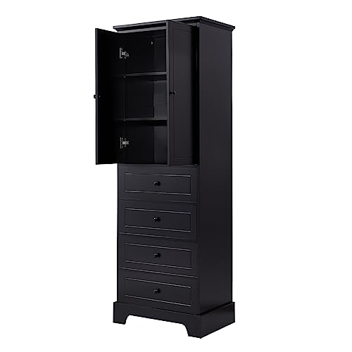 HESIEU Freestanding Storage Cabinet with 2 Doors and 4 Drawers Internal Adjustable Shelves Anti-Tip Fittings Round Metal Handle for Bathroom, Bedroom and Dining Room (Black)