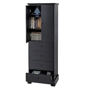 HESIEU Freestanding Storage Cabinet with 2 Doors and 4 Drawers Internal Adjustable Shelves Anti-Tip Fittings Round Metal Handle for Bathroom, Bedroom and Dining Room (Black)