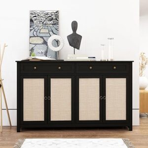 black sideboard buffet cabinet, rattan storage cabinet console table, buffet server bar cabinet with 4 doors, 2 drawers and adjustable shelves for living room, bedroom, hallway, kitchen, entryway