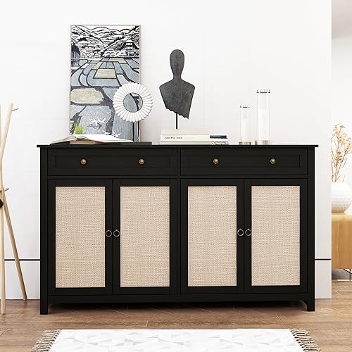 Black Sideboard Buffet Cabinet, Rattan Storage Cabinet Console Table, Buffet Server Bar Cabinet with 4 Doors, 2 Drawers and Adjustable Shelves for Living Room, Bedroom, Hallway, Kitchen, Entryway