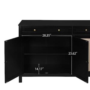 Black Sideboard Buffet Cabinet, Rattan Storage Cabinet Console Table, Buffet Server Bar Cabinet with 4 Doors, 2 Drawers and Adjustable Shelves for Living Room, Bedroom, Hallway, Kitchen, Entryway