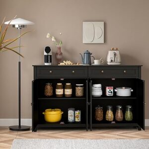 Black Sideboard Buffet Cabinet, Rattan Storage Cabinet Console Table, Buffet Server Bar Cabinet with 4 Doors, 2 Drawers and Adjustable Shelves for Living Room, Bedroom, Hallway, Kitchen, Entryway