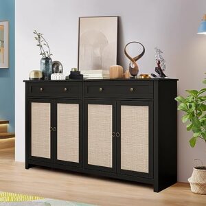 Black Sideboard Buffet Cabinet, Rattan Storage Cabinet Console Table, Buffet Server Bar Cabinet with 4 Doors, 2 Drawers and Adjustable Shelves for Living Room, Bedroom, Hallway, Kitchen, Entryway