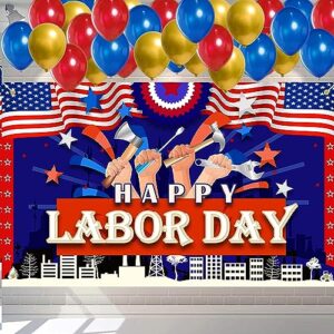 Labor Day Backdrops with 60 pcs Colorful Latex Balloons, Red Happy Labor Day Backdrop Banner Sign Hanging Fabric Photography Background Board Flag Photo Booth Prop Wall （71x44 Inch）-A