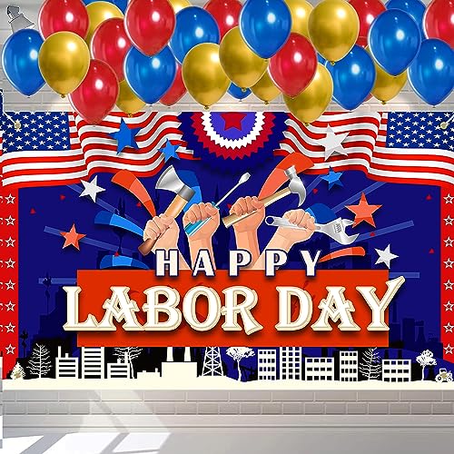 Labor Day Backdrops with 60 pcs Colorful Latex Balloons, Red Happy Labor Day Backdrop Banner Sign Hanging Fabric Photography Background Board Flag Photo Booth Prop Wall （71x44 Inch）-A