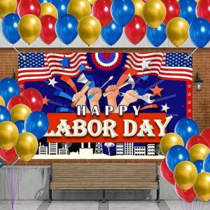 Labor Day Backdrops with 60 pcs Colorful Latex Balloons, Red Happy Labor Day Backdrop Banner Sign Hanging Fabric Photography Background Board Flag Photo Booth Prop Wall （71x44 Inch）-A