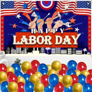 Labor Day Backdrops with 60 pcs Colorful Latex Balloons, Red Happy Labor Day Backdrop Banner Sign Hanging Fabric Photography Background Board Flag Photo Booth Prop Wall （71x44 Inch）-A