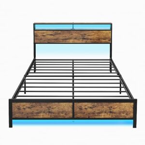 SYING88 Modern Bed Frame with LED Lights and 2 USB Ports Industrial Style,Bed Frame with Headboard/Noise-Free/No Box Spring Required for Bedrooms and Small Apartment(Antique Brown (Queen)