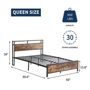 SYING88 Modern Bed Frame with LED Lights and 2 USB Ports Industrial Style,Bed Frame with Headboard/Noise-Free/No Box Spring Required for Bedrooms and Small Apartment(Antique Brown (Queen)