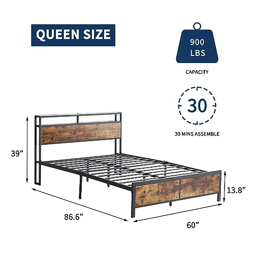 SYING88 Modern Bed Frame with LED Lights and 2 USB Ports Industrial Style,Bed Frame with Headboard/Noise-Free/No Box Spring Required for Bedrooms and Small Apartment(Antique Brown (Queen)