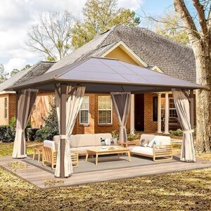 YOLENY 12'x14' Hardtop Gazebo, Outdoor Polycarbonate Roof Canopy, Aluminum Frame Permanent Pavilion with Curtains and Netting, Sunshade for Garden, Patio, Lawns