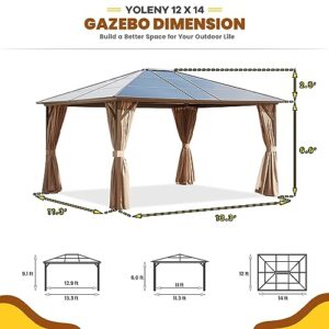 YOLENY 12'x14' Hardtop Gazebo, Outdoor Polycarbonate Roof Canopy, Aluminum Frame Permanent Pavilion with Curtains and Netting, Sunshade for Garden, Patio, Lawns