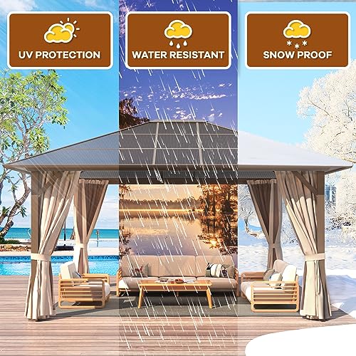 YOLENY 12'x14' Hardtop Gazebo, Outdoor Polycarbonate Roof Canopy, Aluminum Frame Permanent Pavilion with Curtains and Netting, Sunshade for Garden, Patio, Lawns