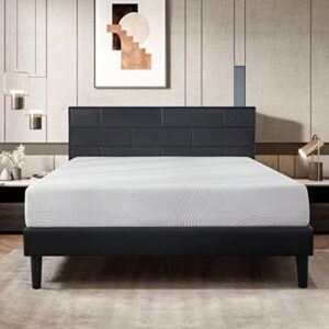 subrtex bed frame twin size with headboard,upholstered faux leather mattress foundation platform with solid wood slat support,no box spring needed,noise-free,and easy assembly black