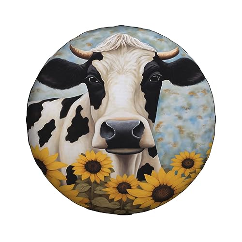 Cow with Sunflower Spare Tire Covers for Trailer Camper Rv SUV Truck Travel,Psychedelic Fantasy Tire Covers Camping Wheel Covers Car Accessories, Universal Fits, 15 inch