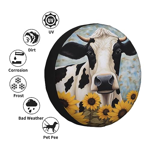 Cow with Sunflower Spare Tire Covers for Trailer Camper Rv SUV Truck Travel,Psychedelic Fantasy Tire Covers Camping Wheel Covers Car Accessories, Universal Fits, 15 inch