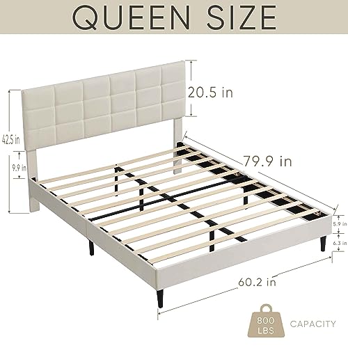 RIDFY Queen Bed Frame with Fabric Headboard, Upholstered Platform Bed Frame, Heavy Duty BedFrame with Wood Slat Support, Mattress Foundation/No Box Spring Needed/Easy Assembly (Beige)