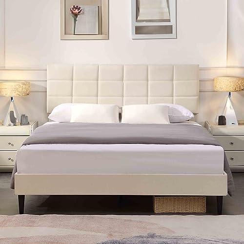 RIDFY Queen Bed Frame with Fabric Headboard, Upholstered Platform Bed Frame, Heavy Duty BedFrame with Wood Slat Support, Mattress Foundation/No Box Spring Needed/Easy Assembly (Beige)